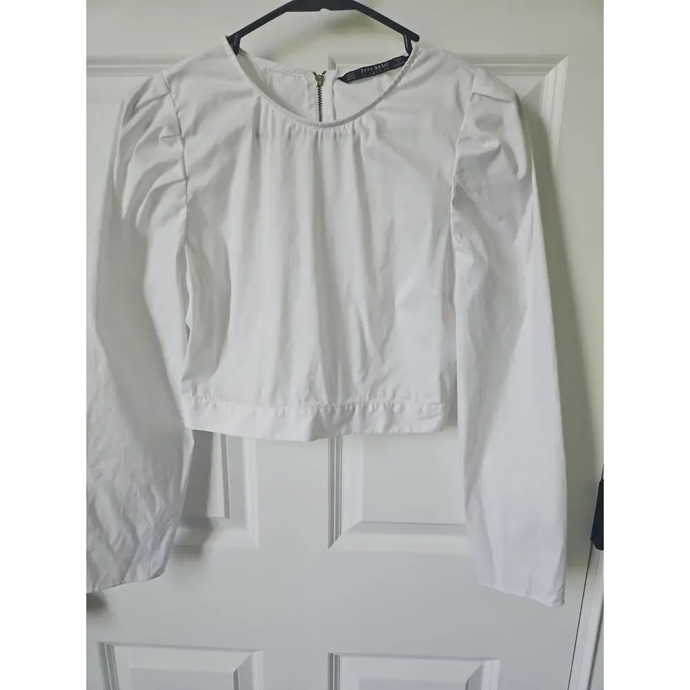Zara Basic White Puff Sleeve Crop‎ Top Blouse Exposed Back Zipper Womens Medium